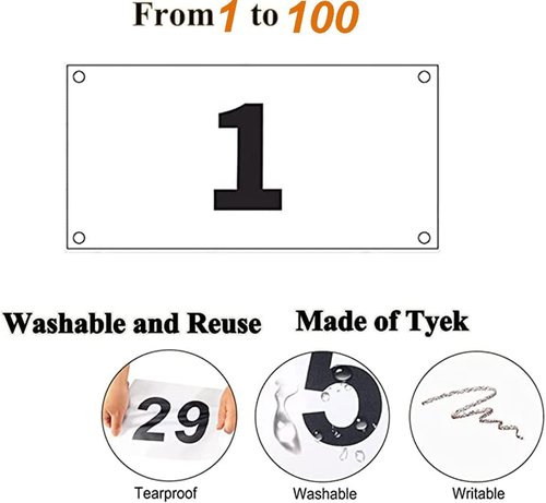 Kyzistn 1-100 Running Race Bibs Large Numbers with Safety Pins for Marathon Race Events- Tyvek Tearproof Waterproof (7X4Inch)