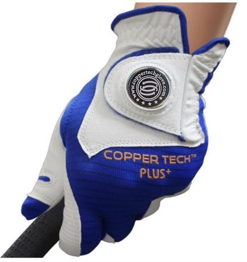 Copper Tech Plus Menβs Golf Glove β White/Royal Blue β Copper Infused Compression for Arthritis Relief, Non-Slip Silicone Grip β USGA Approved, 1 Pack, One Size Fits Most