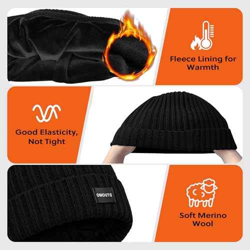 Merino Wool Cuff Beanie Winter Warm Thermal Hats for Mens & Womens Fleece Lined Beanie Knit Chunky Womens Snow Cap