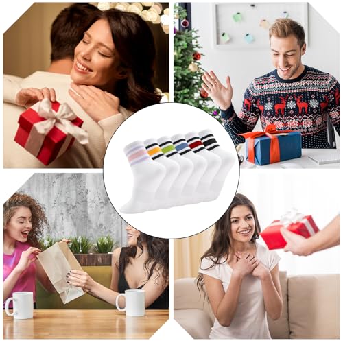 7-11 White Retro Stripe Tube Socks - Vintage Cotton Crew Socks for Women - 6 Pairs