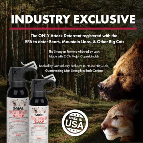 SABRE Frontiersman MAX Bear Spray ? 40 ft Range, Maximum Strength, The Only EPA-Registered Spray for Bears & Mountain Lions, 7.9 oz, Glow Safety Clip, Outdoor Hiking & Camping Protection