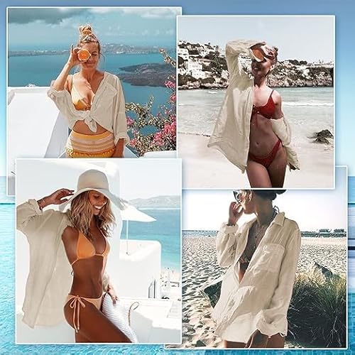 Bathing Suit Cover Ups for Women, Long Sleeve Swimwear Button Down Shirt Dress Swimsuit Bikini Beach Cover Up