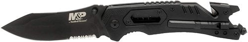 Smith & Wesson M&P 8.5in High Carbon S.S. Spring Assisted Folding Knife with 3.5in Serrated Drop Point Blade and Rubber Handle for Outdoor Survival and EDC,Tan
