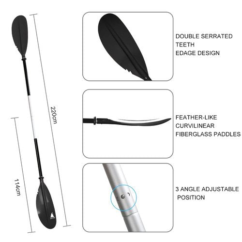 Karltion Kayak Paddle - Adjustable 2 Pieces Aluminum Alloy Shaft with Glass Fiber Blade for Surfing,Oar Fishing Easy Packable Travel- Black