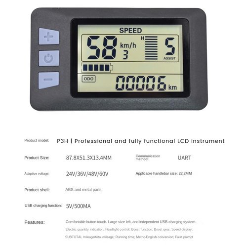 PRIZOM P3H Electric Bike LCD Display Meter Dashboard Meter Display Panel Meter Display 24V 36V 48V 60V for Electric Scooter (5PIN)