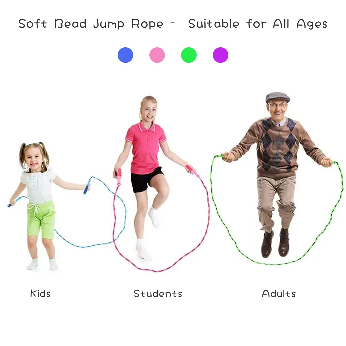 TYSISKNO 3er-Pack Springseil für Kinder, Mädchen und Jungen, weiche Perlen-Springseile, verstellbares Springseil, hält Fit, Training – 2.5 m