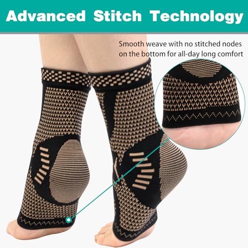 INDEEMAX Ankle Brace for Sprained Ankle Compression Sleeve, 2 Pack Copper Infused Ankle Support Brace for Women & Men, Plantar Fasciitis Relief Achilles Tendonitis, Sports Running, Copper Black, 2XL