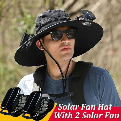 Hat with Fans Solar Power, Wide Brim Sun Hat with 2 Solar Fan for Men Women, UPF 50+ Bucket Fishing Hat with Fan Built in Khaki