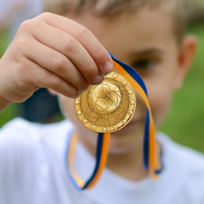 10 Pack Soccer Medals with Red White and Blue Neck Ribbons – 2" Gold Sports Award Medals for Kids, Teams, Tournaments, Youth Soccer, School Events