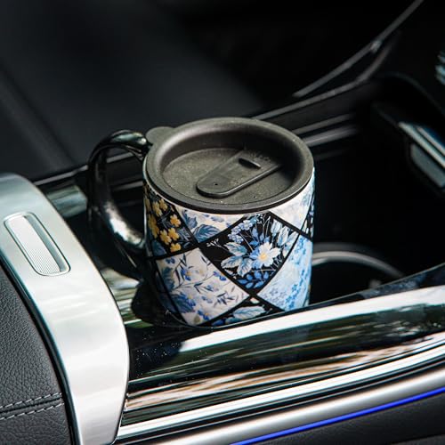 Travel Mug 17oz Diamond Floral Ceramic Coffee Cup with Blue Rose Design - Geometric Floral Variation