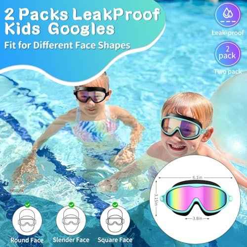2 Pack Swim Goggles for Kids, No Leak Anti-Fog Anti-UV Swimming Goggles for Boys Girls Children 4-14