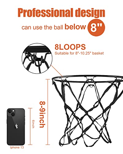 Mini Basketball Net Replacement 8 Loop Black for Indoor Door & Wall 8-10.25" Hoop