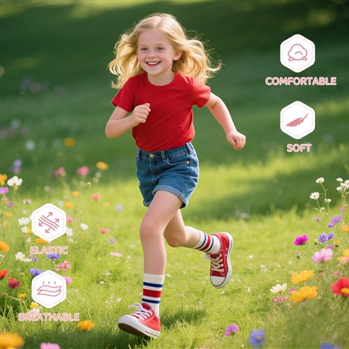 Girls Crew Socks 7 Pairs Kids Athletic Calf Socks Casual Stripe White 10-12 Years