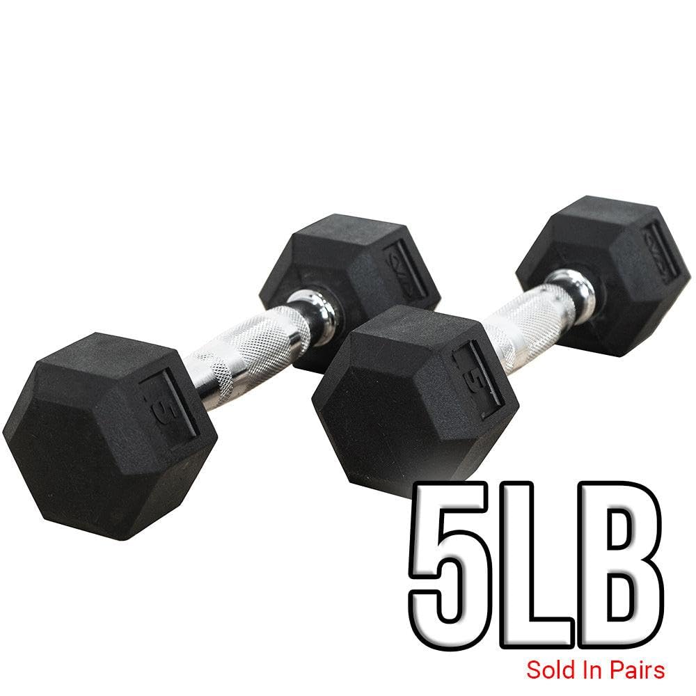 Valor Fitness Rubber Hex Dumbbells, 5 lb Pair, Free Weights for Strength Training, Home Gym Workouts, Muscle Building, Full Body Exercise Equipment