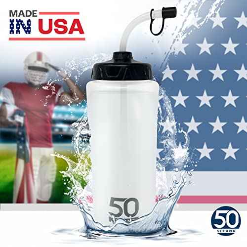 50 Strong 1 Liter Water Bottle with Straw ? 2-Pack Easy-Squeeze Sports Bottles with Long Straw & Built-In Finger Grip ? BPA-Free ? Made in USA ? Ideal for Hockey, Football, Lacrosse & Boxing