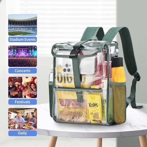 Mildbeer Clear Stadium Backpack for Sports Events & Concerts - 12x12x6 Compact PVC Flap Backpack with Multi-Pocket Design, Green