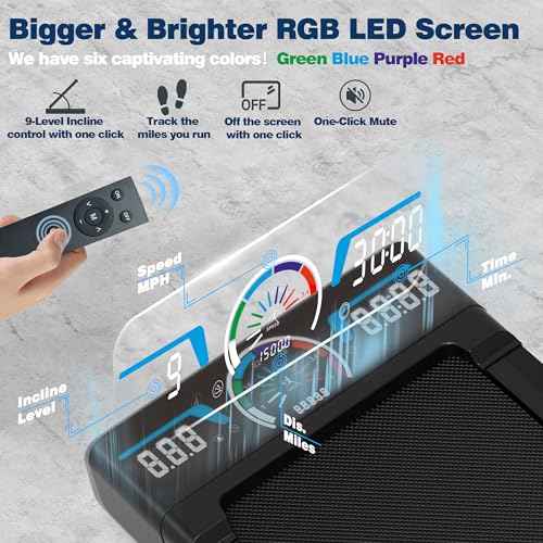 Walking Pad Treadmill with 12% 9-Level Auto Incline, 450 lbs Capacity RGB LED Screen, Bluetooth Speaker Under Desk Treadmill, Compact Treadmills for Home Hiking