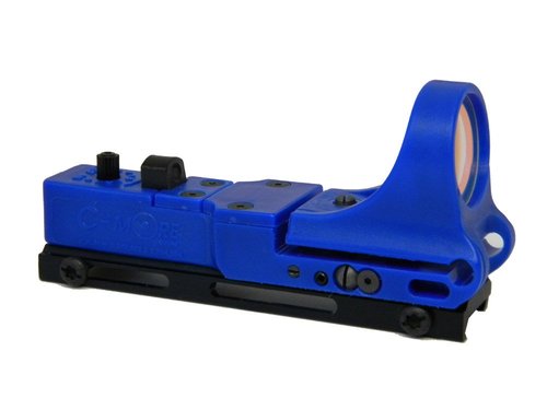 C-MORE Systems Railway Red Dot Sight, Standard Intensity Switch, 2 MOA, 1x Magnification, Made of Polymer, Ultra Bright, All Weather, Waterproof, Lightweight, Blue
