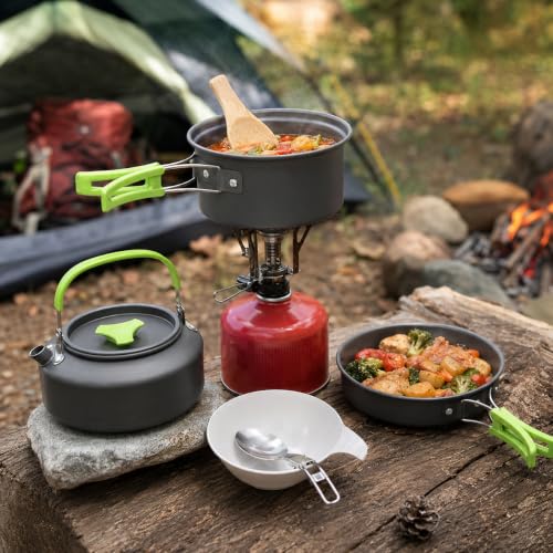 17-Piece Camping Cookware Set - 1.7L Pot, Frying Pan, Kettles, Cups & Utensils - Green