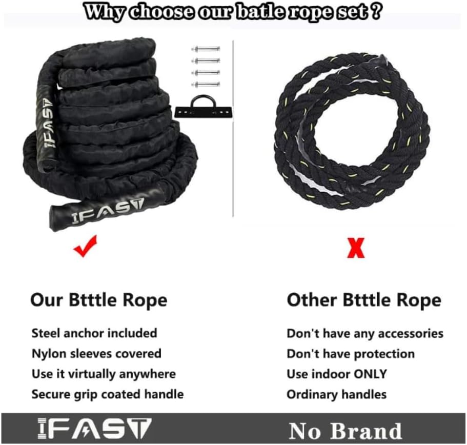 IFAST Battle Exercise Rope with Protective Cover 30ft Length Heavy Dacron Workout Training Ropes for Home Body Building Muscle (1.5 inch Diameter x 30 ft Length)