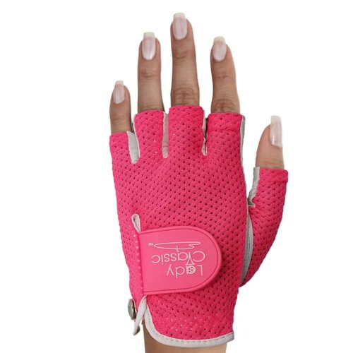 Lady Classic Women's Mesh Half Finger Golf Glove ā Cabretta Leather Palm, Breathable Mesh Back, Flexible Grip, Long-Lasting with Removable Ball Marker ā Left Hand/White/Neon Pink/Small