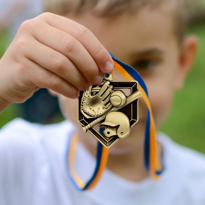 10 Pack Baseball Medals with Red White and Blue Neck Ribbons – 2" Gold Sports Award Medals for Kids, Teams, Little League, School Awards, Baseball Tournaments