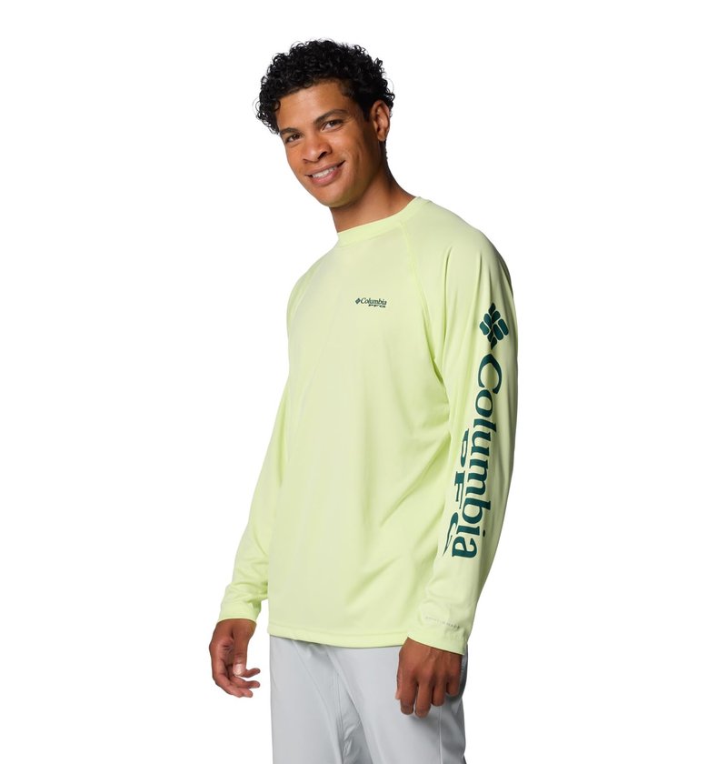 Columbia Men's Terminal Tackle Long Sleeve Shirt, Spring Yellow/Midnight Teal Logo, X-Small
