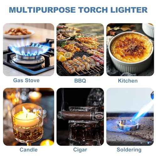 Torch Lighter, Butane Lighter, Adjustable Big Jet Flame Butane Torch, Windproof Refillable Gas Long Torch Lighter with Safety Lock for Candle Grill Camping BBQ Kitchen Soldering, Gas Not Included