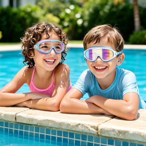 Kids Swim Goggles Anti-Fog UV Protection Cyan+Purple Pack of 2 - Ages 4-14