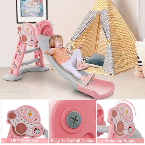 BABY JOY Toddler Slide, 3 in 1 Folding Baby Slide Climber Playset, Freestanding Slide with Long Slipping Slope, Basketball Hoop, Indoor and Outdoor Playground for Kids Boys & Girls Gift Present
