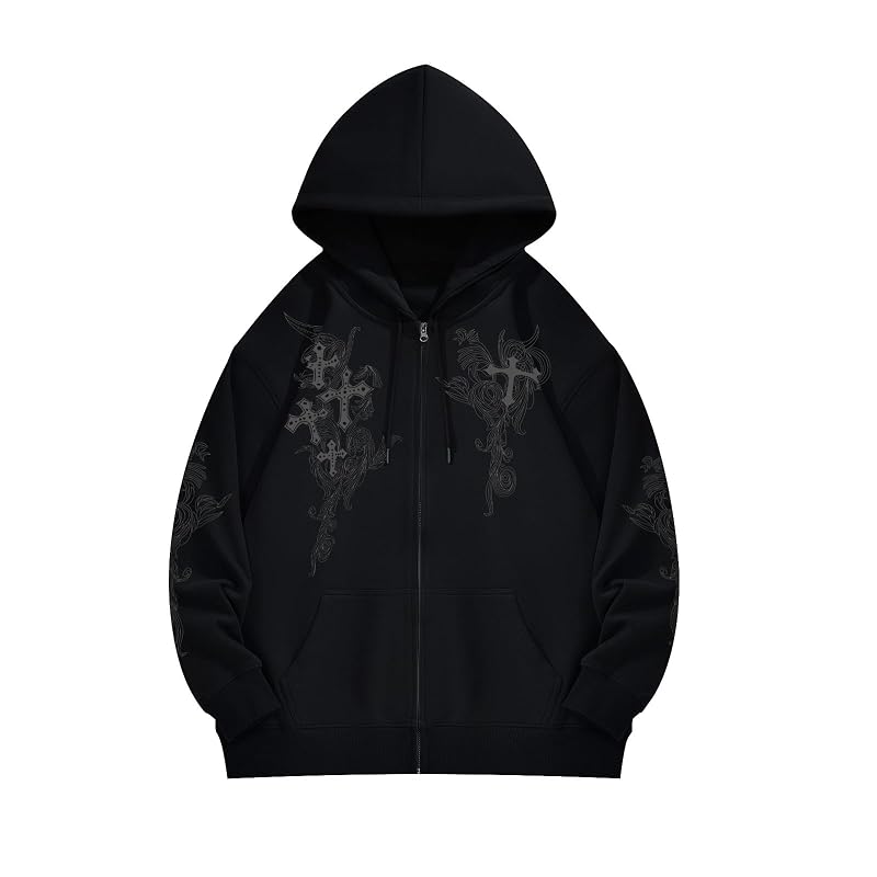 Black X-Large Zip Up Hooded Graphic Gothic Hoodie - Y2K Grunge Cross Design