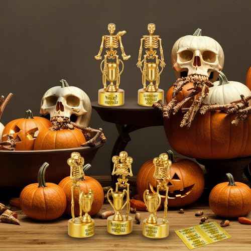 Halloween Trophy Awards 4 Pack Gold Best Costume Skeleton Trophies for Halloween Medals Party Favor Prizes, Trick or Treat, Costume Contest, School Classroom Rewards