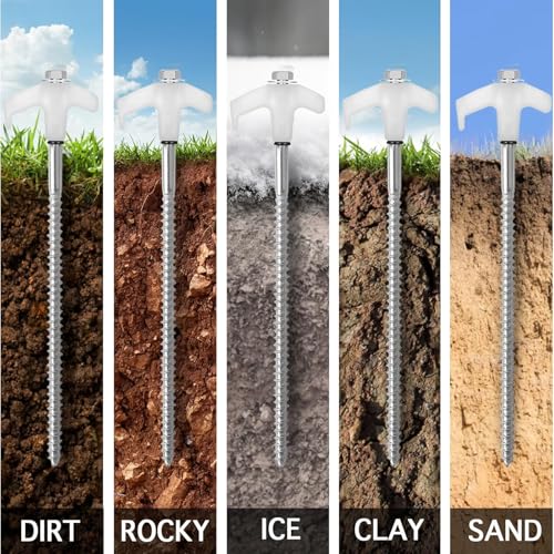 White 12 Pack 8-Inch Heavy Duty Screw-In Tent Stakes with Glow-In-The-Dark Anchors