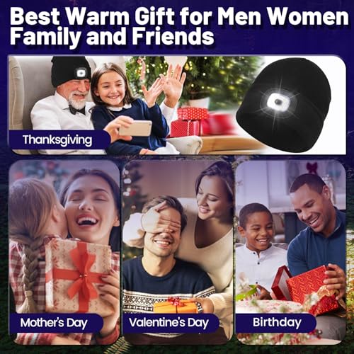 Keains Unisex Beanie with The Light £¬Rechargeable LED Headlamp Cap£¬ Warm Knit Hats for Winter Safety Gifts for Men Women Dad