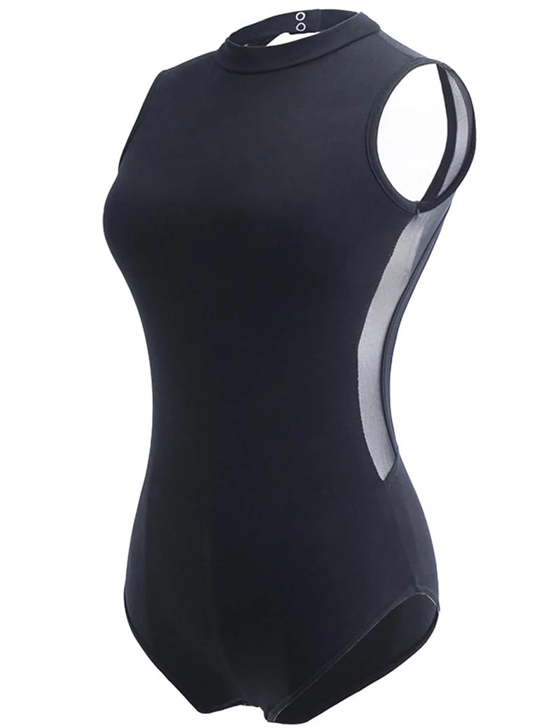 Daydance Black Leotard for Girls Women Open Back Mesh Short Sleeve Ballet Dancewear - Variation: Black-Cotton Spandex+Medium