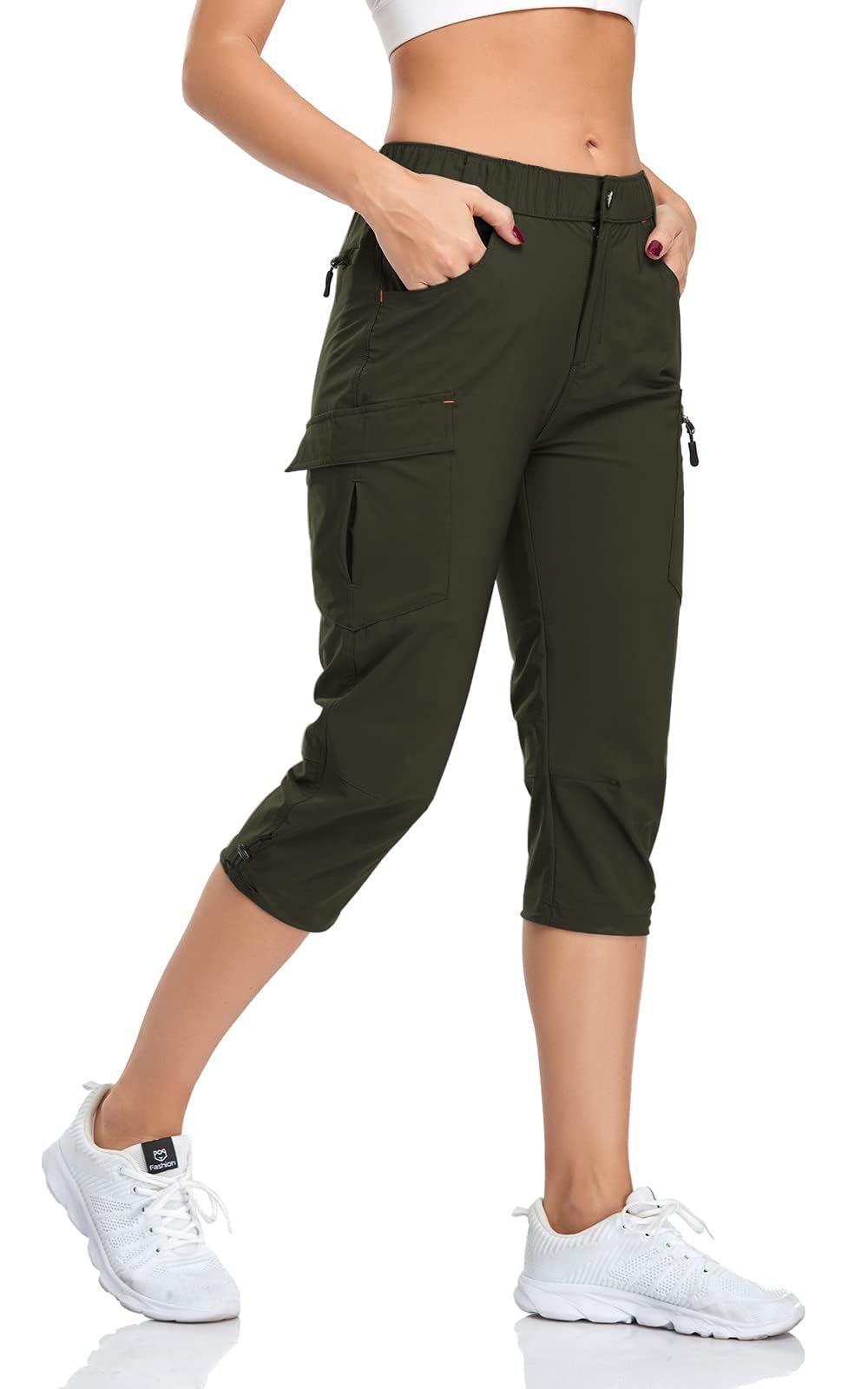 GYMBRAVE Women's Hiking Cargo Pants Quick Dry Outdoor Camping Capris Water Resistant UPF 50 with Zipper Pockets Armygreen
