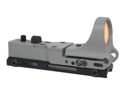 C-MORE Systems Railway Red Dot Sight, Standard Intensity Switch, 6 MOA, 1x Magnification, Made of Polymer, Ultra Bright, All Weather, Waterproof, Lightweight, Gray