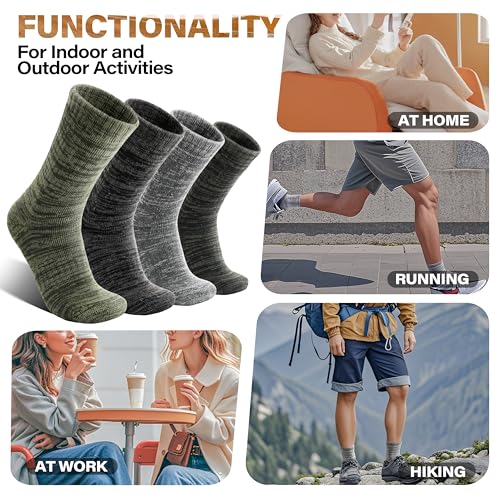 Anlisim Merino Wool Hiking Socks - Crew Work Socks for Men Women Large Green/Black/Grey