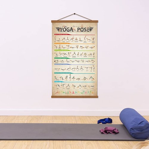 SAGUEYU Yoga Poses Poster Vintage Home Gym Full Body Workout Beginner Yoga Position Chart Canvas Prints Yoga Lover Gift 16" X 27" with Frame