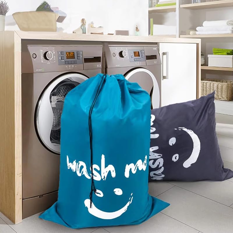 2 Pack Heavy Duty Travel Laundry Bags-Waterproof Drawstring Dirty Clothes Organizer for Camping,Gym&Hotels,Fits Laundry Baskets,Reusable Washable Storage Bags,Black+Blue.
