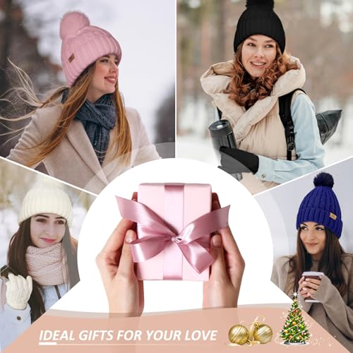 Womens Winter Warm Beanie Hat Long Scarf Touchscreen Gloves Set with Fleece Lined Skull Pom Caps 3 in 1 Set for Gift