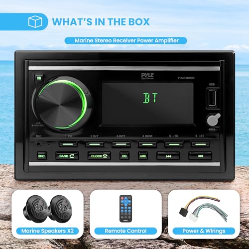 Pyle Boat Bluetooth Marine Stereo Receiver - Marine Head Unit Double DIN Stereo Receiver Power Amplifier & Speaker Kit - Hands-Free Calling, AM/FM/MP3/BT/USB/AUX - Remote, Speakers - Pyle PLMR2DNBK