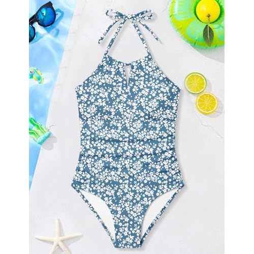 Girls One Piece Swimsuits Modest Padded Girls Bathing Suit Adjustable Straps Solid Full Coverage Swimwear Kids 9-16