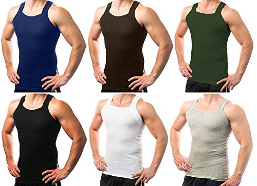Men's Ribbed Square Cut Muscle Tank Top 6-Pack - Black, White, Gray, Navy, Green, Brown Large