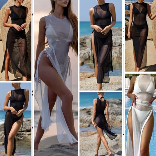 Women's Sheer Mesh Swimsuit Cover Up Dress - Medium White, High Split Drawstring