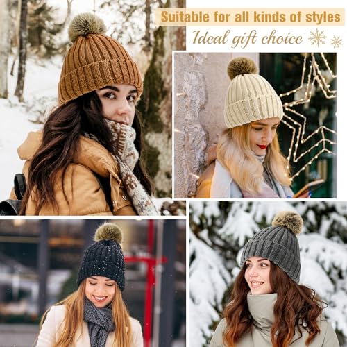 Satin Lined Beanie for Women Knit Winter Hats Silk Lined Womens Beanie with Detachable Pom Pom