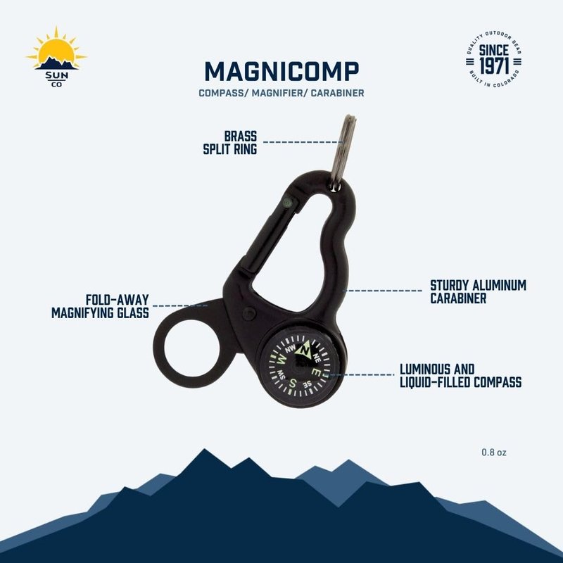 Sun Company MagniComp - Compass/Magnifier Carabiner | Carabiner with Luminous Compass and Foldaway Magnifying Glass
