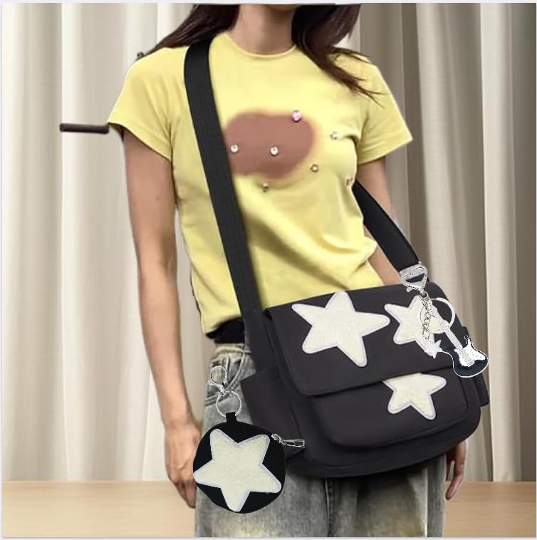 Black Y2K Star Messenger Bag with Coin Purse & Keychain - Cute Grunge Tote