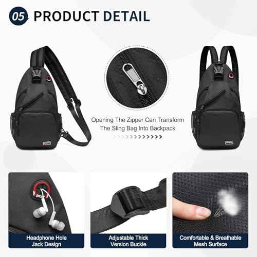Convertible Sling Bag Crossbody Backpack, 12.9-Inch Pads Bags with Headphone Jack Shoulder Bag Casual Pack for Women Men Hiking Travel Cycling (Black)