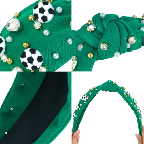 Soccer Headbands for Women Crystal Embellished Wide Top Knot Headband - Green